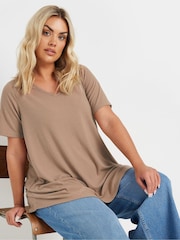 Yours Curve Natural V-Neck Ribbed Swing T-Shirt - Image 1 of 5