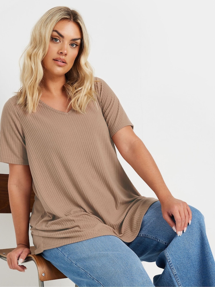 Yours Curve Natural V-Neck Ribbed Swing T-Shirt - Image 1 of 5