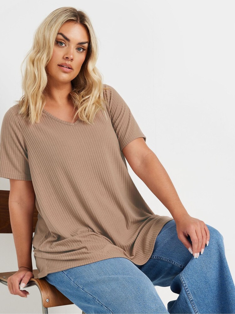 Natural - Camiseta de vuelo en canalé con cuello de pico de Yours Curve - Imagen 1 de 5 Natural - Camiseta de vuelo en canalé con cuello de pico de Yours Curve - Imagen 1 de 5