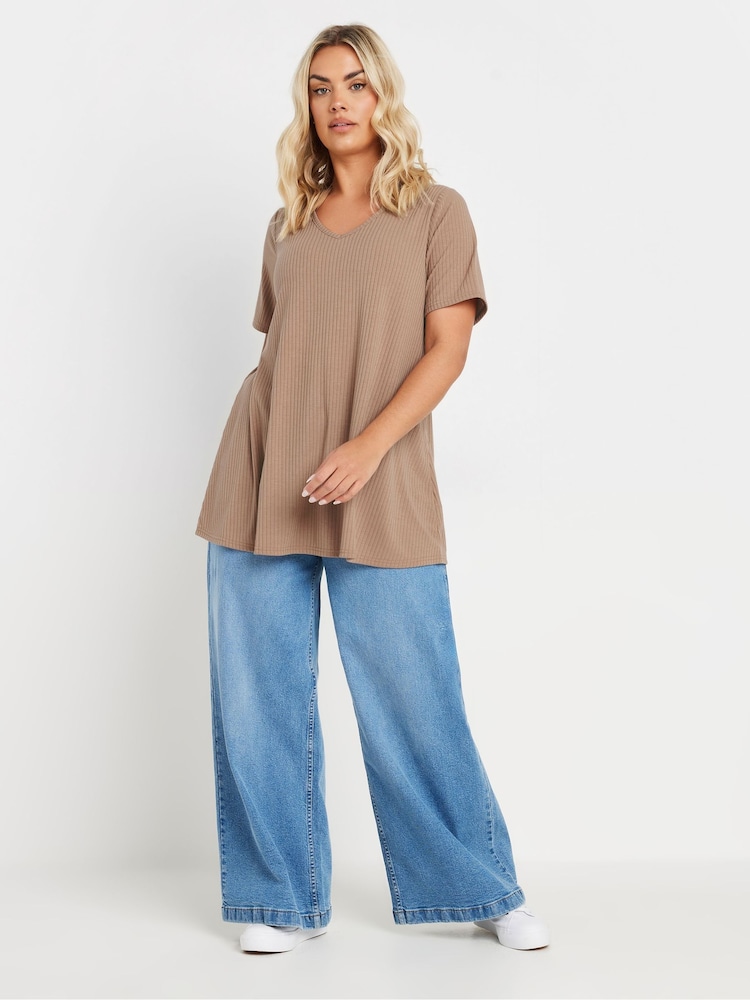 Yours Curve Natural V-Neck Ribbed Swing T-Shirt - Image 2 of 5