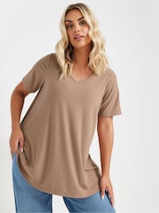 Yours Curve Natural V-Neck Ribbed Swing T-Shirt - Image 4 of 5