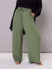 Yours Curve Green Washed Twill Wide Leg Trousers - Image 1 of 4