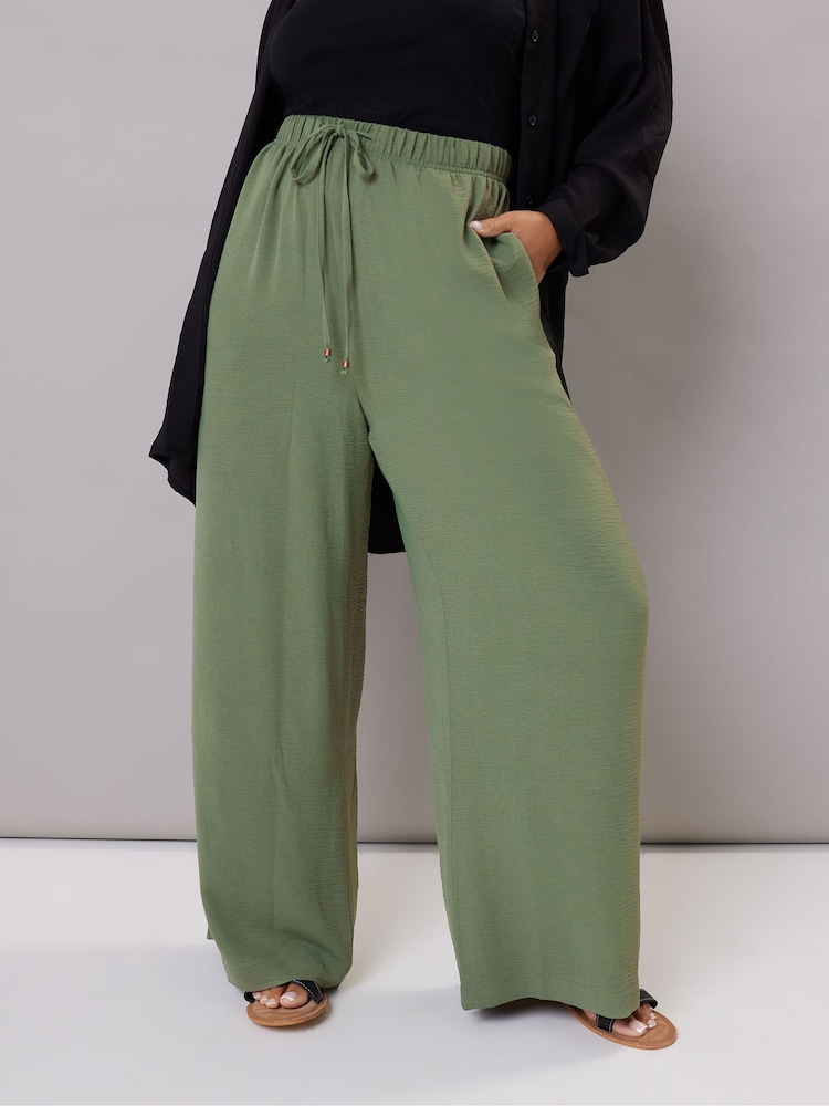 Yours Curve Green Washed Twill Wide Leg Trousers - Image 1 of 4