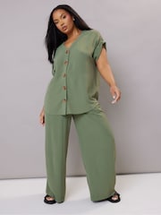 Yours Curve Green Washed Twill Wide Leg Trousers - Image 2 of 4