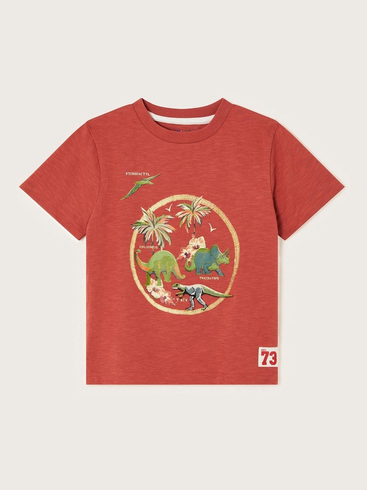 Monsoon Red Dinosaur Graphic 100% Cotton T-Shirt - Image 1 of 3