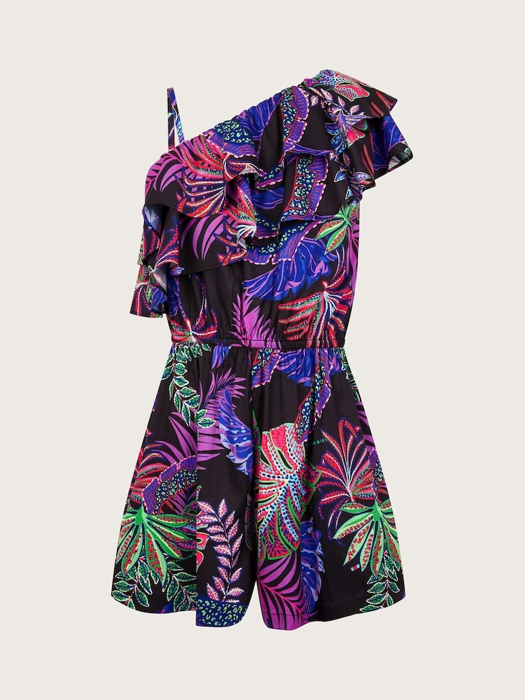 Monsoon Black Tropical Print One Shoulder Playsuit - Image 1 of 3