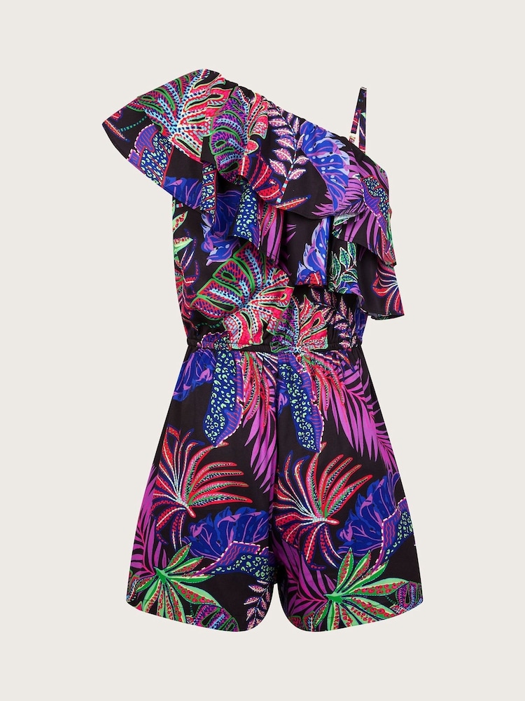 Monsoon Black Tropical Print One Shoulder Playsuit - Image 2 of 3