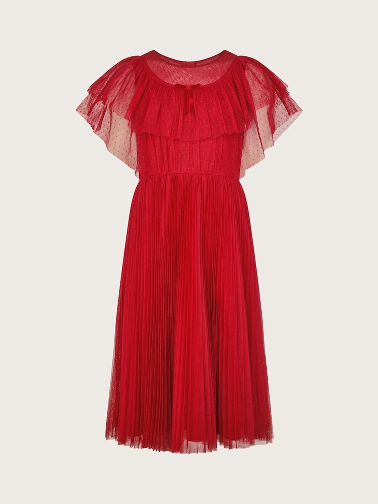 Monsoon Red Frilly Polka Dot Mesh Pleated Dress - Image 1 of 3 Monsoon Red Frilly Polka Dot Mesh Pleated Dress - Image 1 of 3