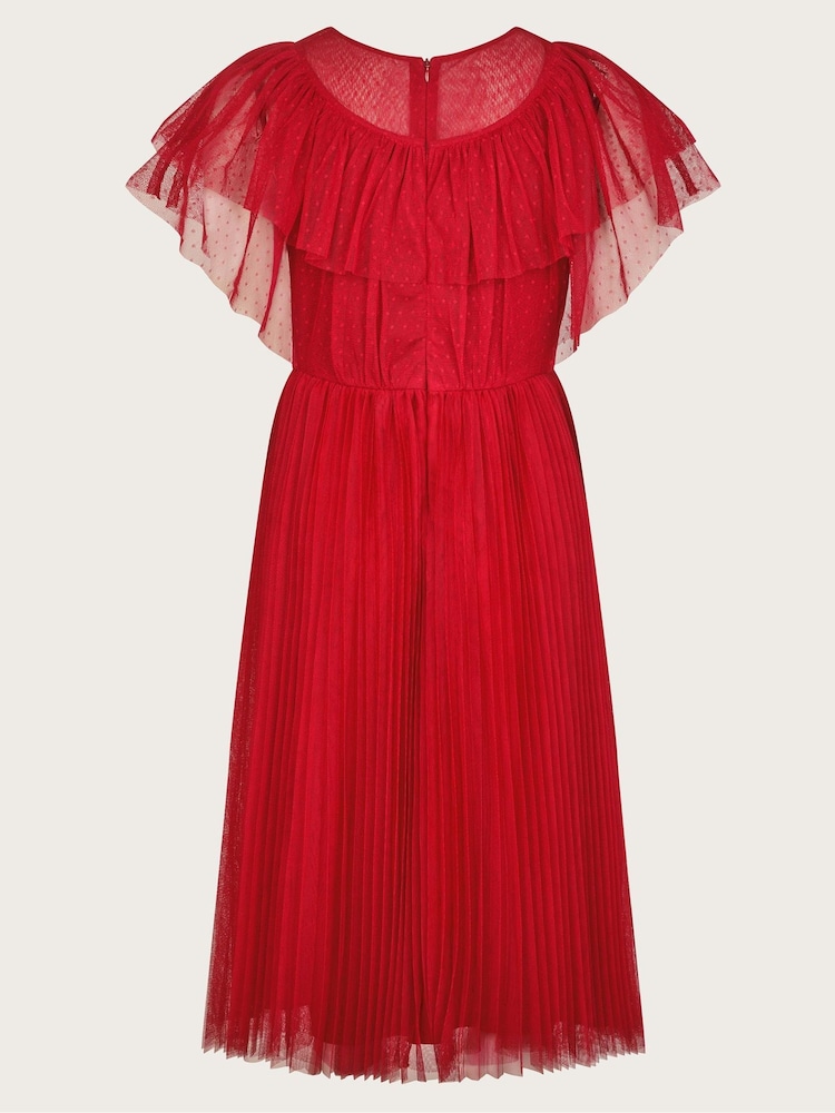 Monsoon Red Frilly Polka Dot Mesh Pleated Dress - Image 2 of 3 Monsoon Red Frilly Polka Dot Mesh Pleated Dress - Image 2 of 3