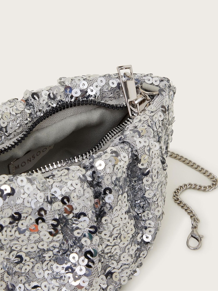 Monsoon Silver Sequin Embellished Ruched Bag - Image 1 of 2 Monsoon Silver Sequin Embellished Ruched Bag - Image 1 of 2