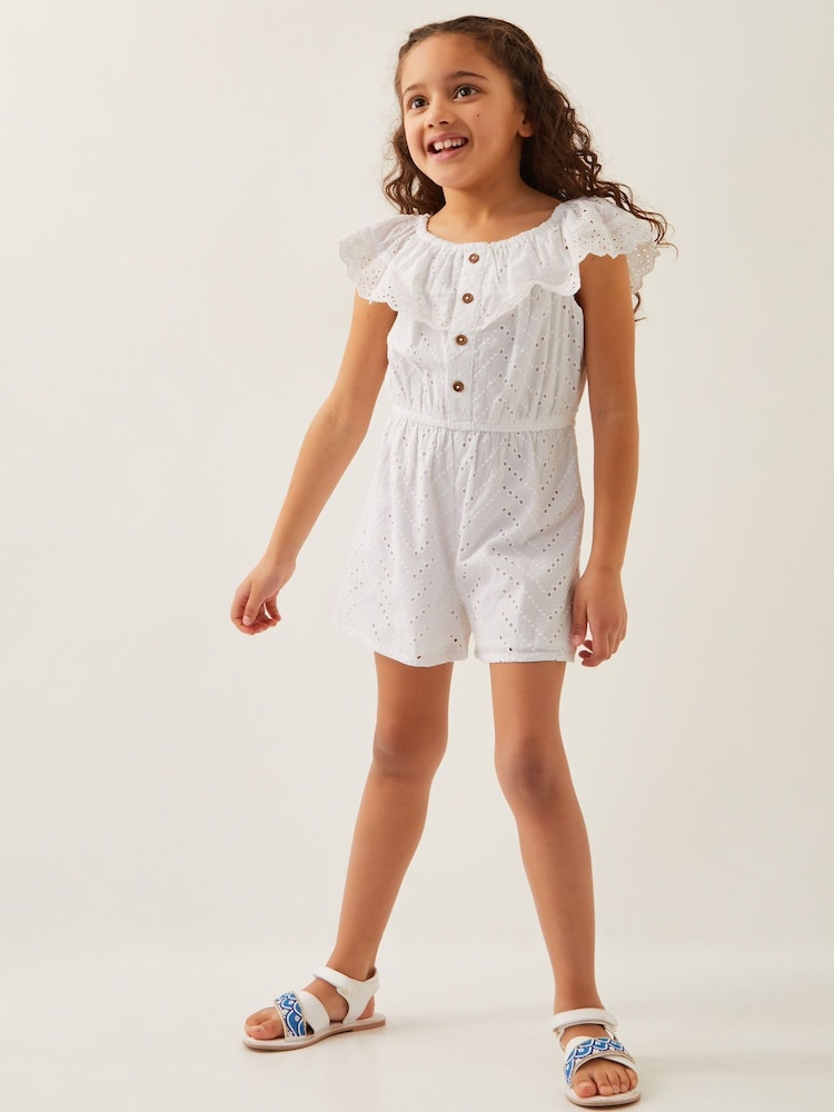 Monsoon White Broderie Ruffle 100% Cotton Playsuit - Image 1 of 4