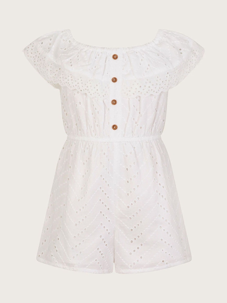 Monsoon White Broderie Ruffle 100% Cotton Playsuit - Image 2 of 4