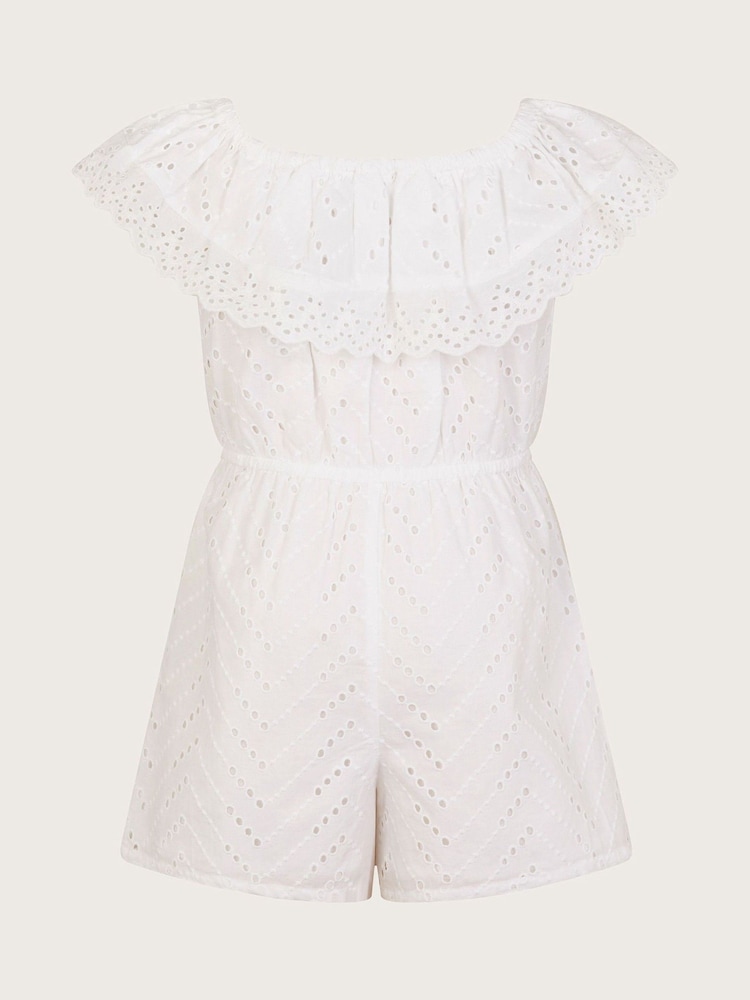 Monsoon White Broderie Ruffle 100% Cotton Playsuit - Image 3 of 4