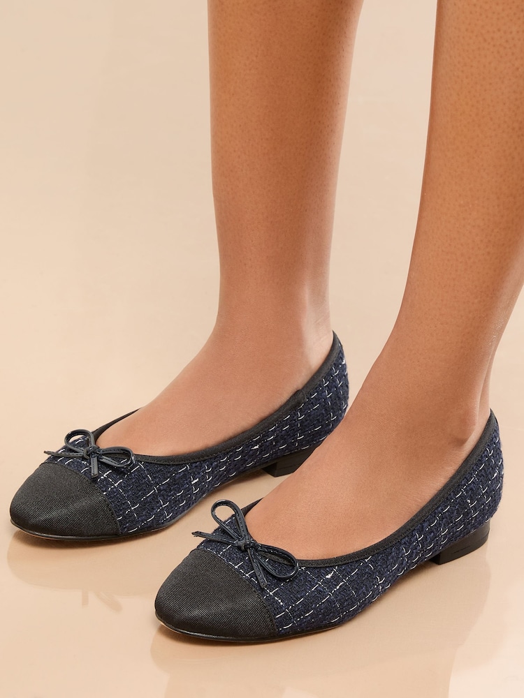 Lipsy Navy Standard Fit Boucle Toe Cap Ballerinas Shoes - Image 1 of 5
