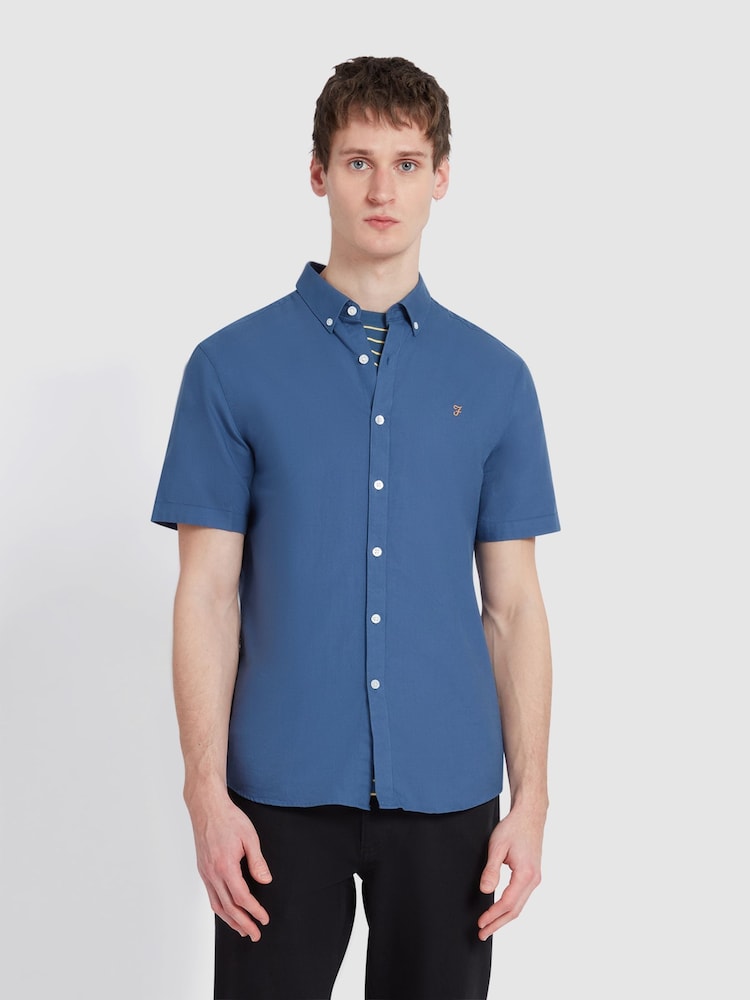 Farah Blue Brewer Short Sleeve 100% Cotton Shirt in Cold Metal - Image 1 of 5