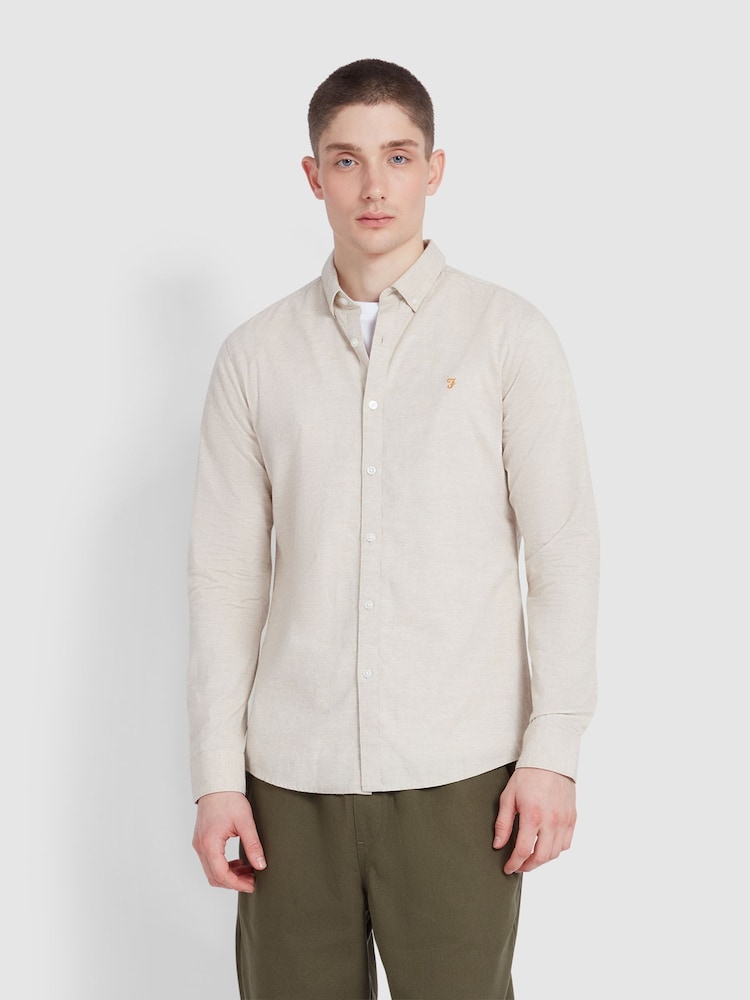 Farah Steen Long Sleeve 100% Cotton Shirt in Hazelnut Marl - Image 1 of 5