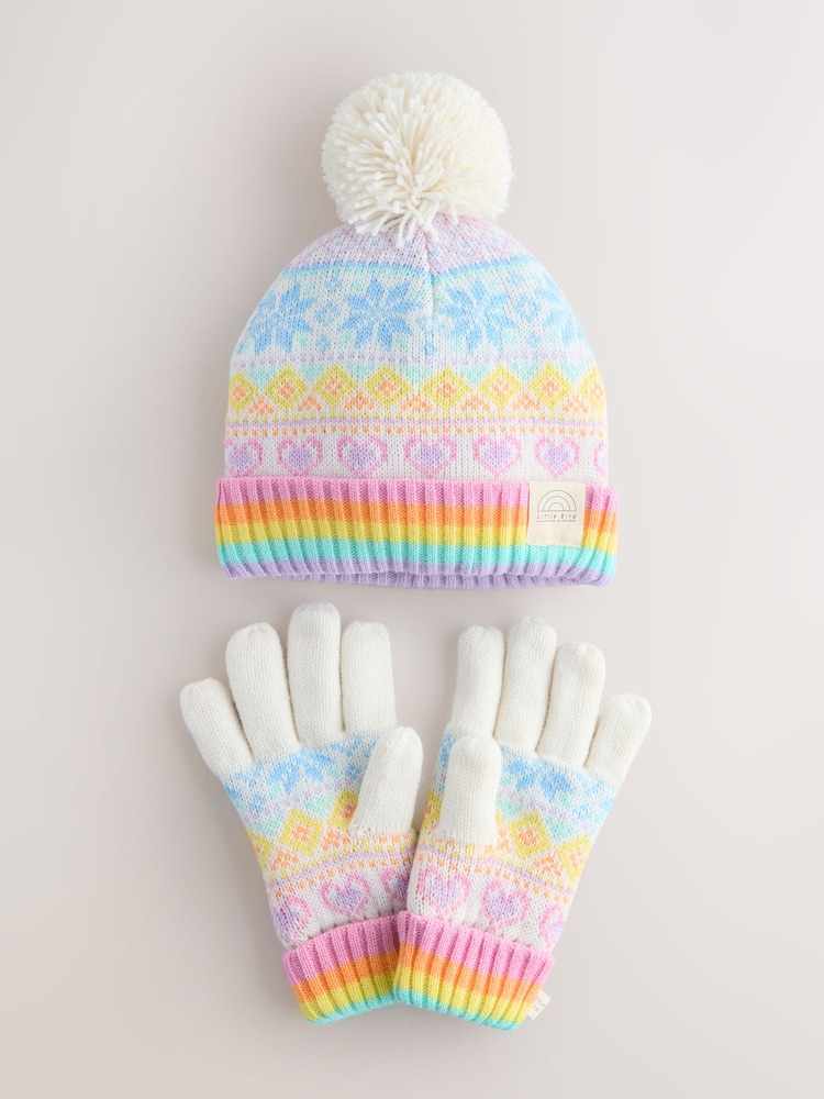 Little Bird by Jools Oliver Pastel Rainbow Fairisle Hat With Mittens Or Gloves Set - Image 2 of 5