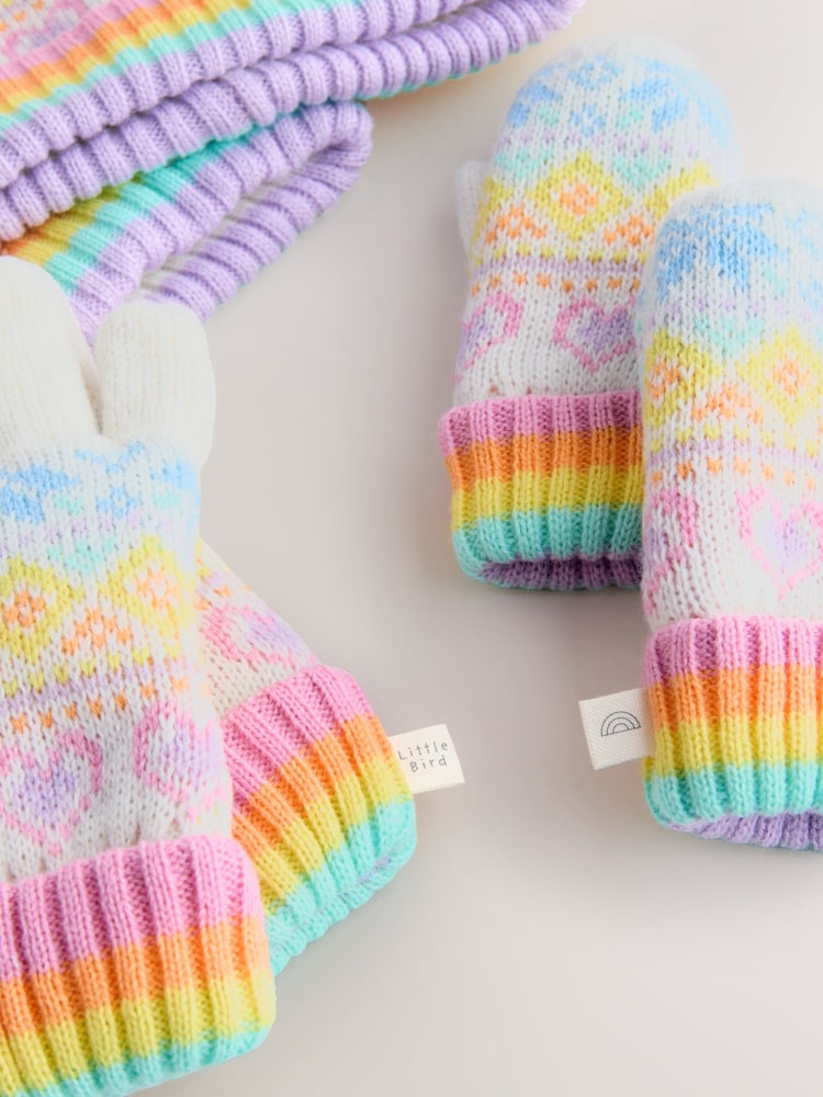 Little Bird by Jools Oliver Pastel Rainbow Fairisle Hat With Mittens Or Gloves Set - Image 5 of 5 Little Bird by Jools Oliver Pastel Rainbow Fairisle Hat With Mittens Or Gloves Set - Image 5 of 5