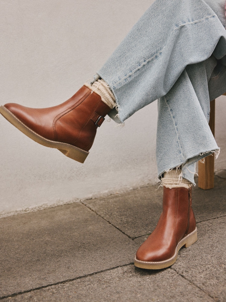 Brown Leather Ankle-High Boots with Furry Lining Buy Tan Brown Leather Forever Comfort® Faux Fur Lined Buckle  main image 4
