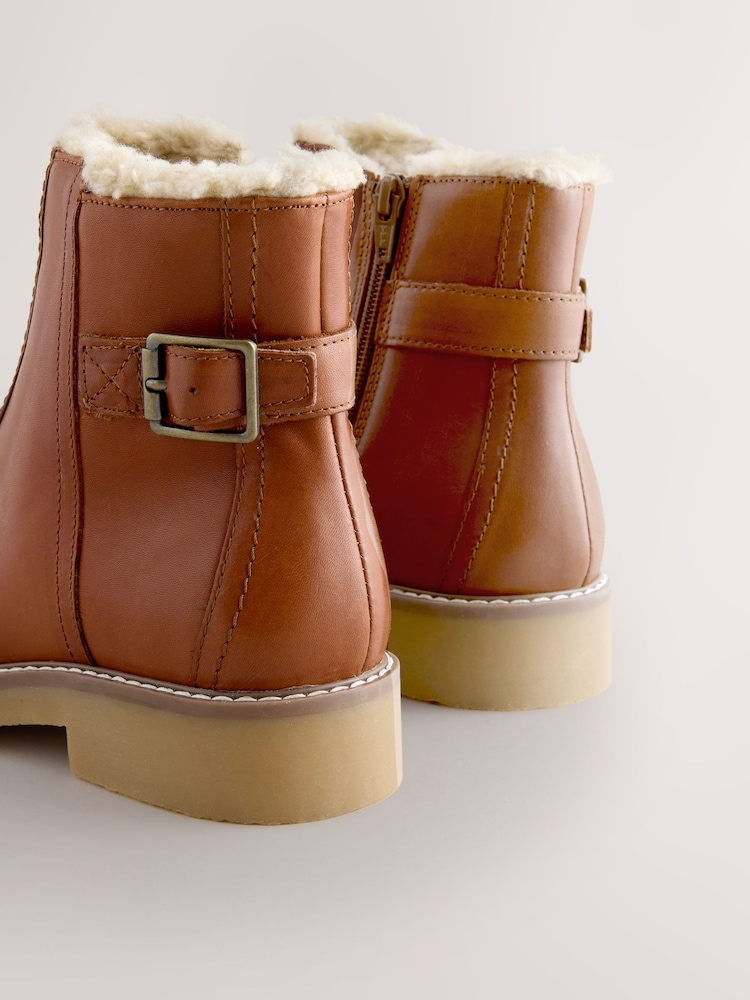 Brown Leather Ankle-High Boots with Furry Lining Buy Tan Brown Leather Forever Comfort® Faux Fur Lined Buckle  main image 2