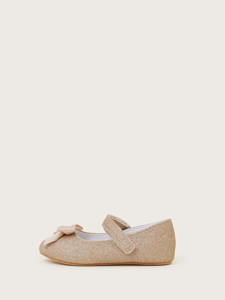 Monsoon Gold Baby Glitter Bow Walkers Shoes - Image 1 of 3
