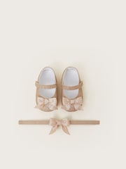 Monsoon Gold Baby Glitter Bow Booties and Headband Set - Image 1 of 2