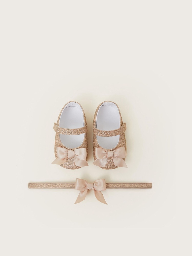 Monsoon Gold Baby Glitter Bow Booties and Headband Set - Image 1 of 2