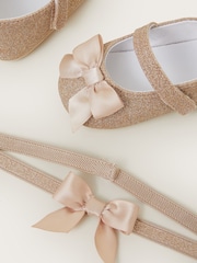Monsoon Gold Baby Glitter Bow Booties and Headband Set - Image 2 of 2