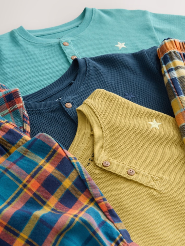 Teal/Navy/Ochre Check Woven Bottom Pyjamas 3 Pack (9mths-12yrs) - Image 9 of 9