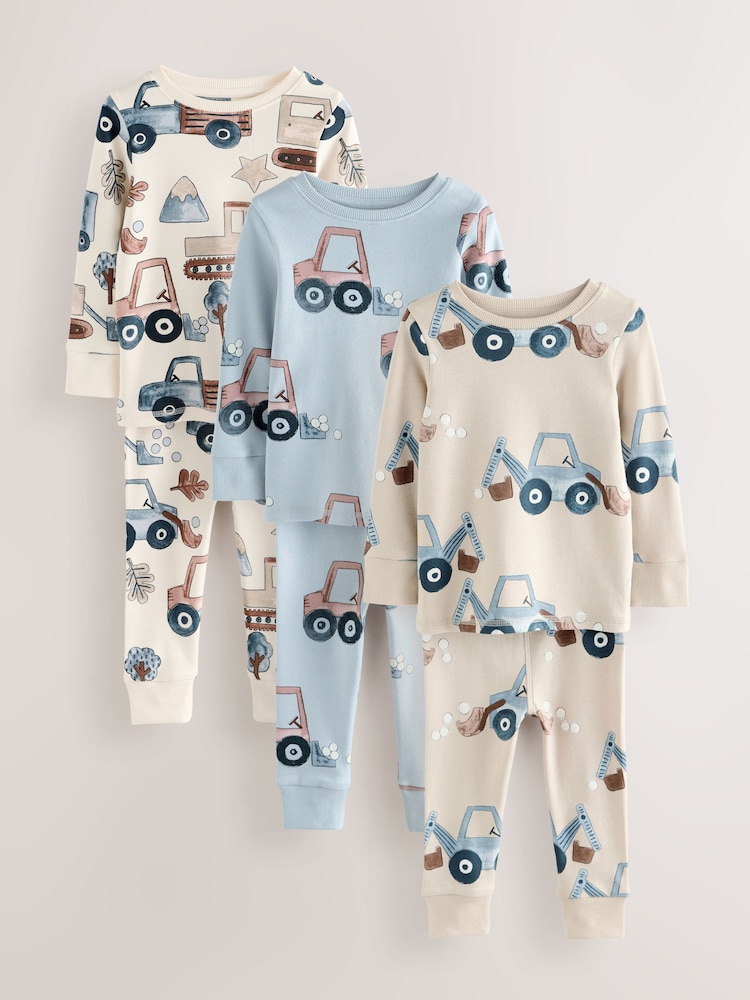 Blue/Ecru Transport Mini Snuggle Pyjamas 3 Pack (9mths-10yrs) - Image 1 of 7 Blue/Ecru Transport Mini Snuggle Pyjamas 3 Pack (9mths-10yrs) - Image 1 of 7