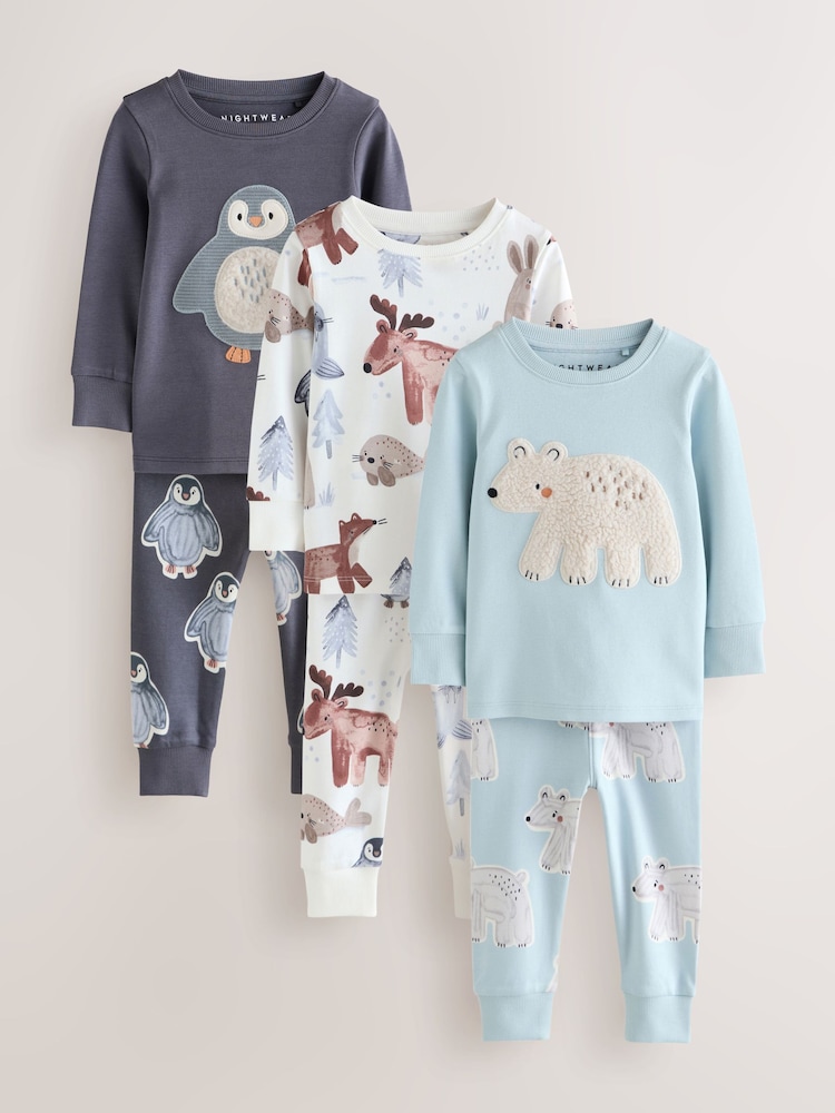 Blue/Ecru Animal Snuggle Pyjamas 3 Pack (9mths-8yrs) - Image 1 of 8 Blue/Ecru Animal Snuggle Pyjamas 3 Pack (9mths-8yrs) - Image 1 of 8