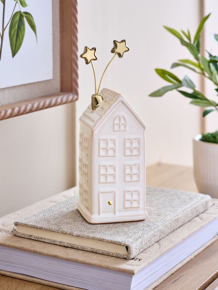 Cream Ceramic Winter House Ornament - Image 1 of 3