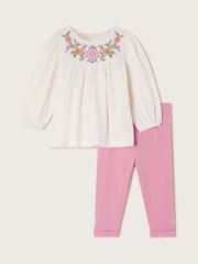 Monsoon Pink Baby Embroidered 100% Cotton Tunic and Leggings Set - Image 1 of 5