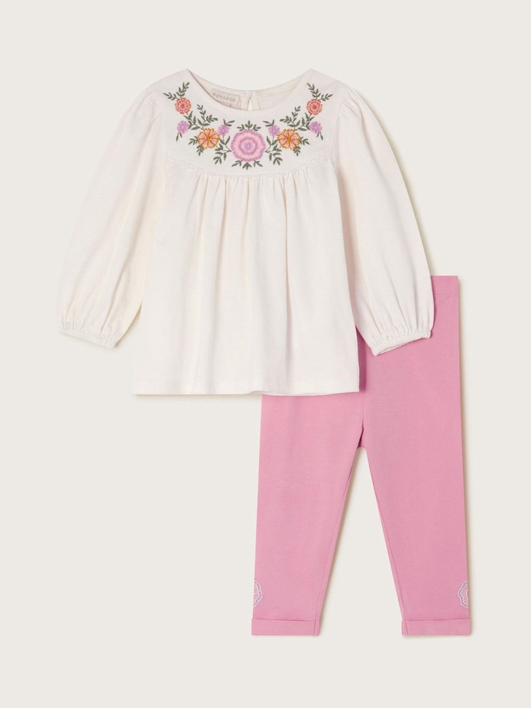 Monsoon Pink Baby Embroidered 100% Cotton Tunic and Leggings Set - Image 1 of 5