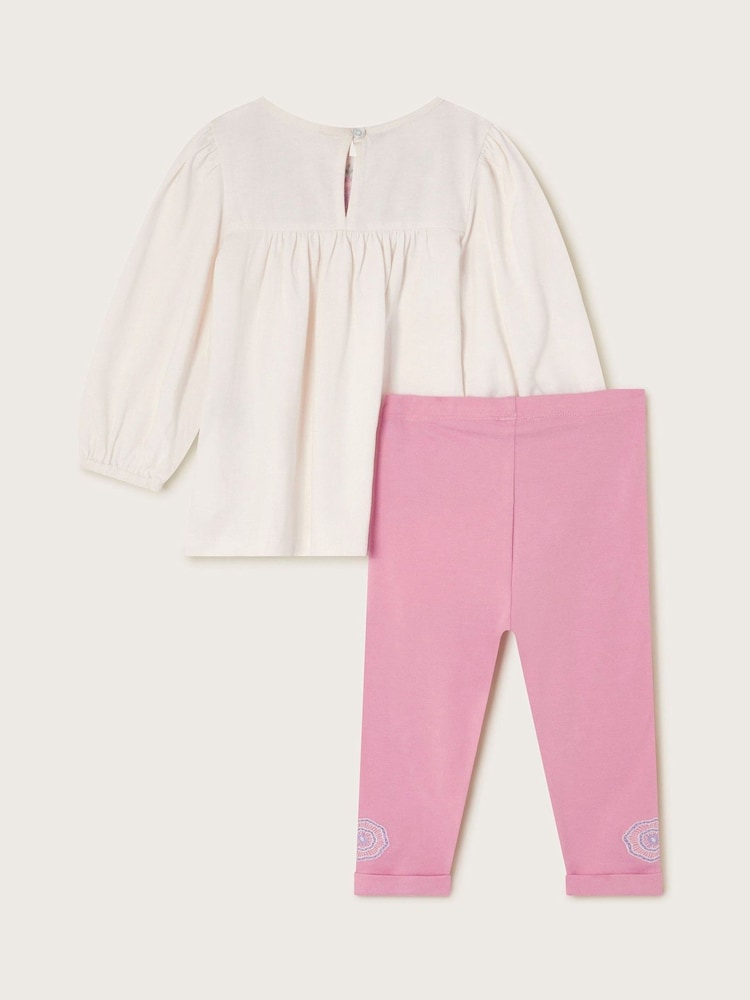 Monsoon Pink Baby Embroidered 100% Cotton Tunic and Leggings Set - Image 3 of 5