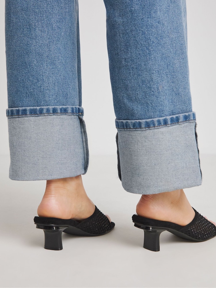Simply Be Black Wide Fit Wide Fit Diamante Mesh Kitten Heels Mules - Image 2 of 4