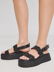 Simply Be Black Wide Fit Laser Cut Detail Strap Flatform Sandals - Image 2 of 4