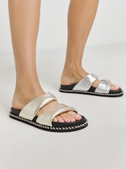 Simply Be Silver Extra Wide Fit Wide Fit Soft Twist Volume Leather Footbed Sandals - Image 1 of 4