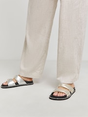 Simply Be Silver Wide Fit Silver Soft Twist Volume Leather Footbed Sandals - Image 3 of 4