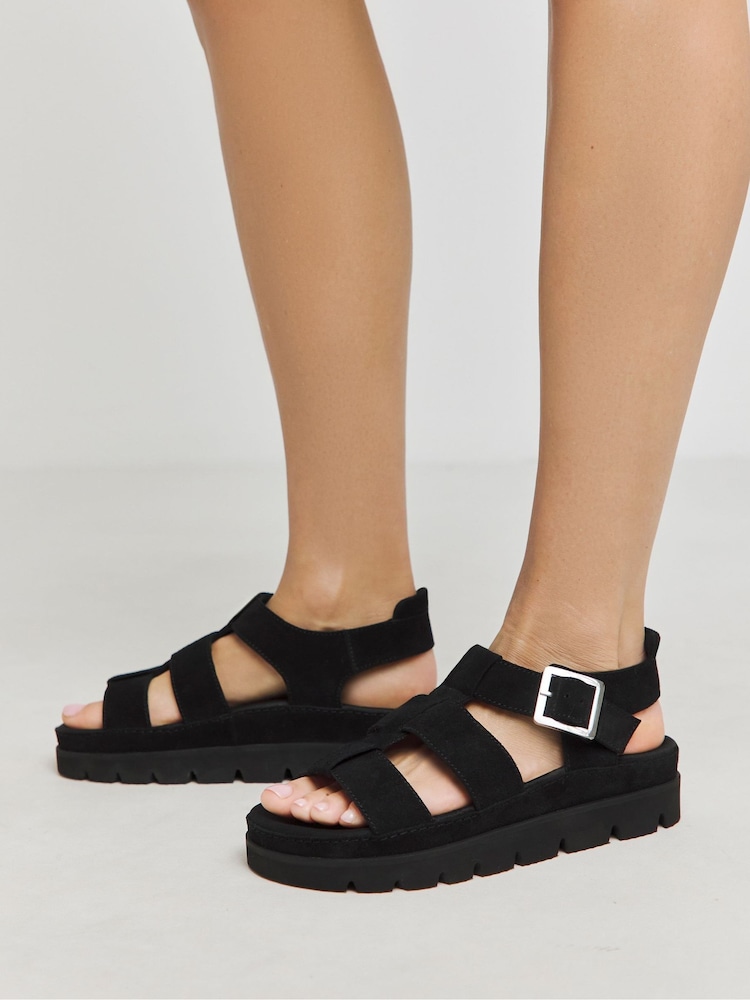 Simply Be Black Wide Fit Wide Fit Fisherman's Suede Flatform Sandals - Image 1 of 4