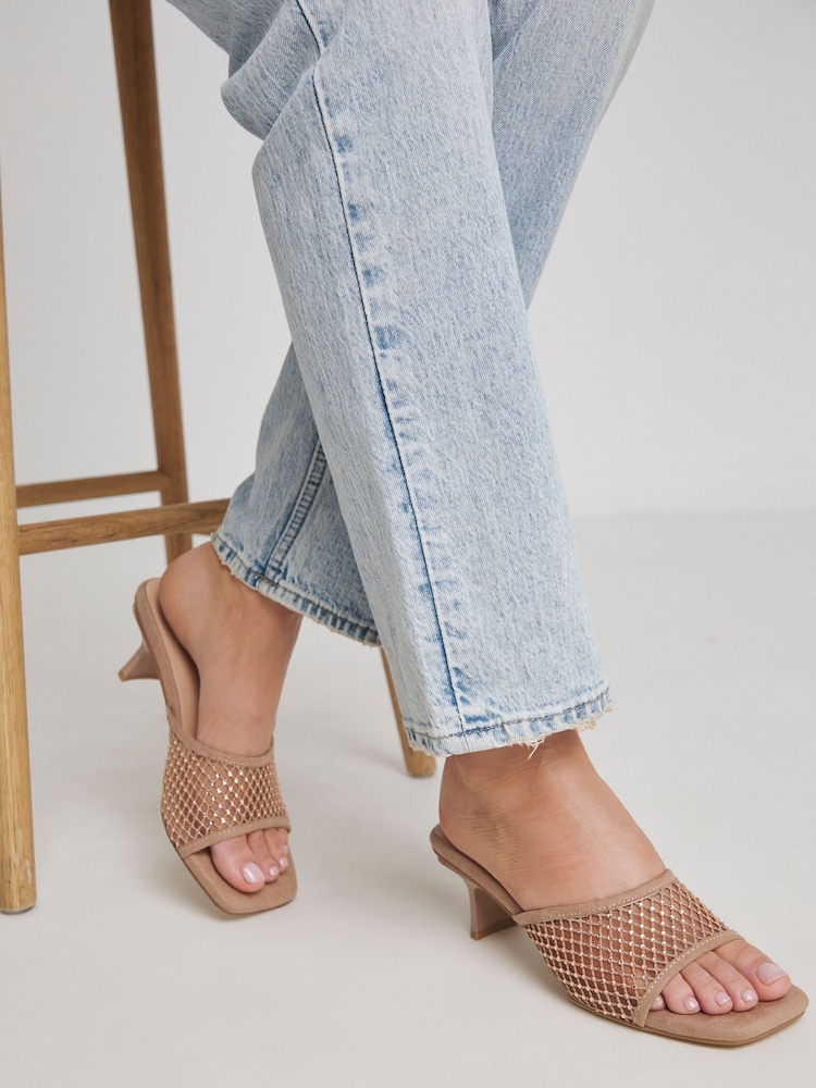 Simply Be Brown Wide Fit Wide Fit Diamante Mesh Kitten Heels Mules - Image 1 of 4
