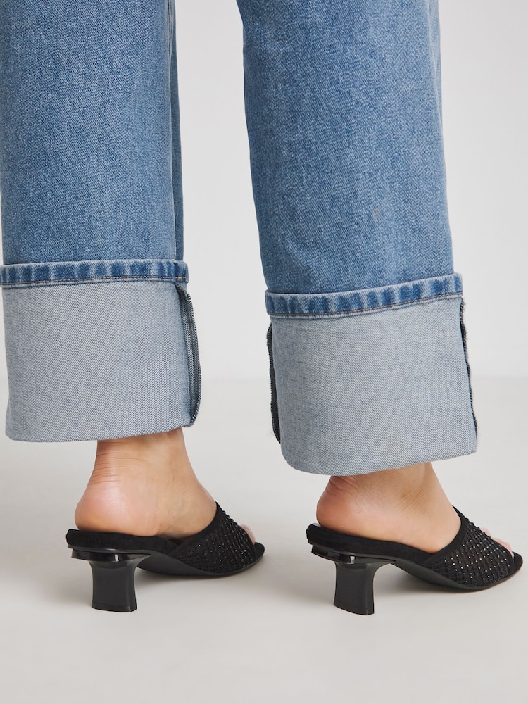 Simply Be Black Extra Wide Fit Wide Fit Diamante Mesh Kitten Heels Mules - Image 2 of 4