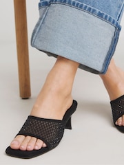Simply Be Black Extra Wide Fit Wide Fit Diamante Mesh Kitten Heels Mules - Image 3 of 4