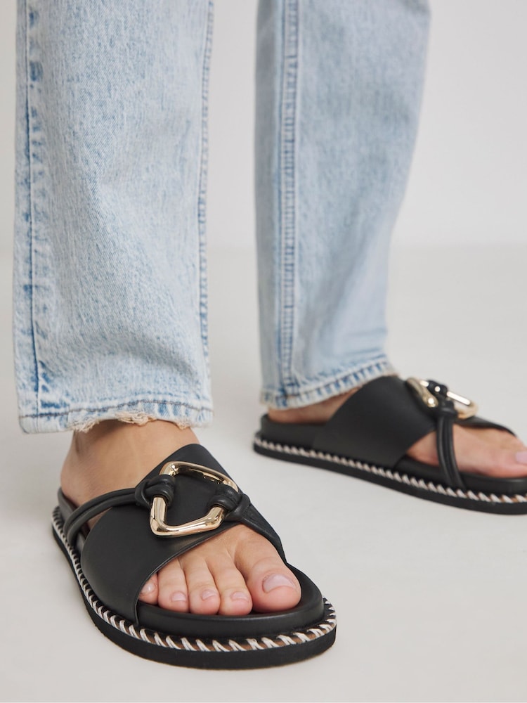 Simply Be Black Wide Fit Whipstitch Two Strap Footbed Sandals - Image 1 of 4 Simply Be Black Wide Fit Whipstitch Two Strap Footbed Sandals - Image 1 of 4