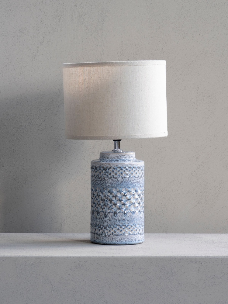 Libra Interiors Blue Stormy Sky Glaze Table Lamp 38cm with Cream Drum Shade - Image 1 of 4