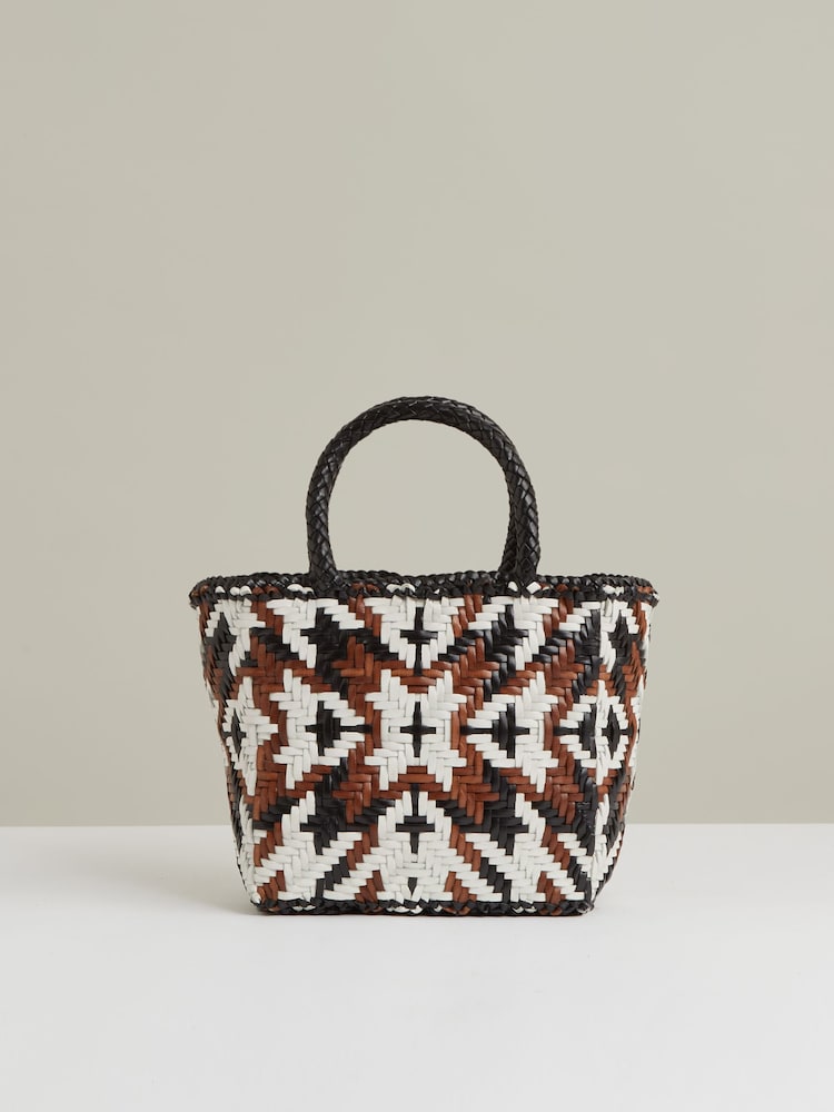 Reiss Tan/White/Black Margot Small Leather Woven Tote Bag - Image 1 of 6