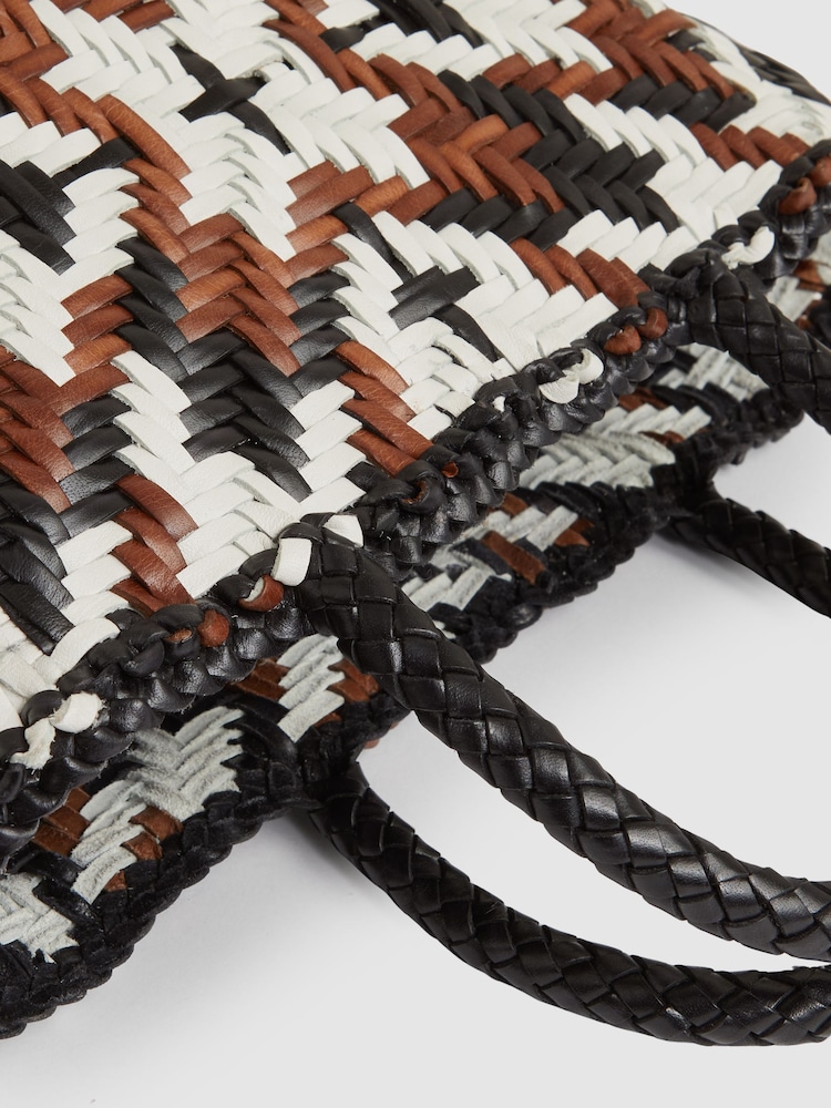 Reiss Tan/White/Black Margot Small Leather Woven Tote Bag - Image 6 of 6