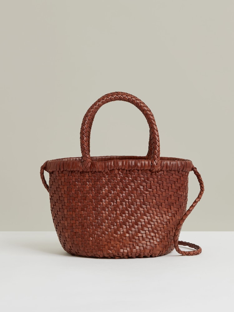 Reiss Tan Nia Leather Woven Mini Tote Bag - Image 1 of 6