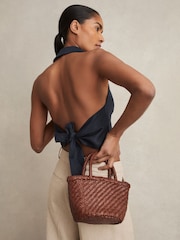 Reiss Tan Nia Leather Woven Mini Tote Bag - Image 2 of 6