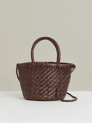 Reiss Chocolate Nia Leather Woven Mini Tote Bag - Image 1 of 5